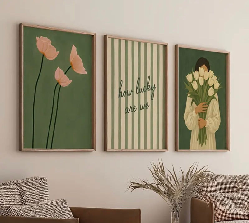 Green Floral & Abstract Botanical Wall Frame Set of 3 - Modern Abstract Framed Wall Art Decor Pakistan - 13x18 A3 White