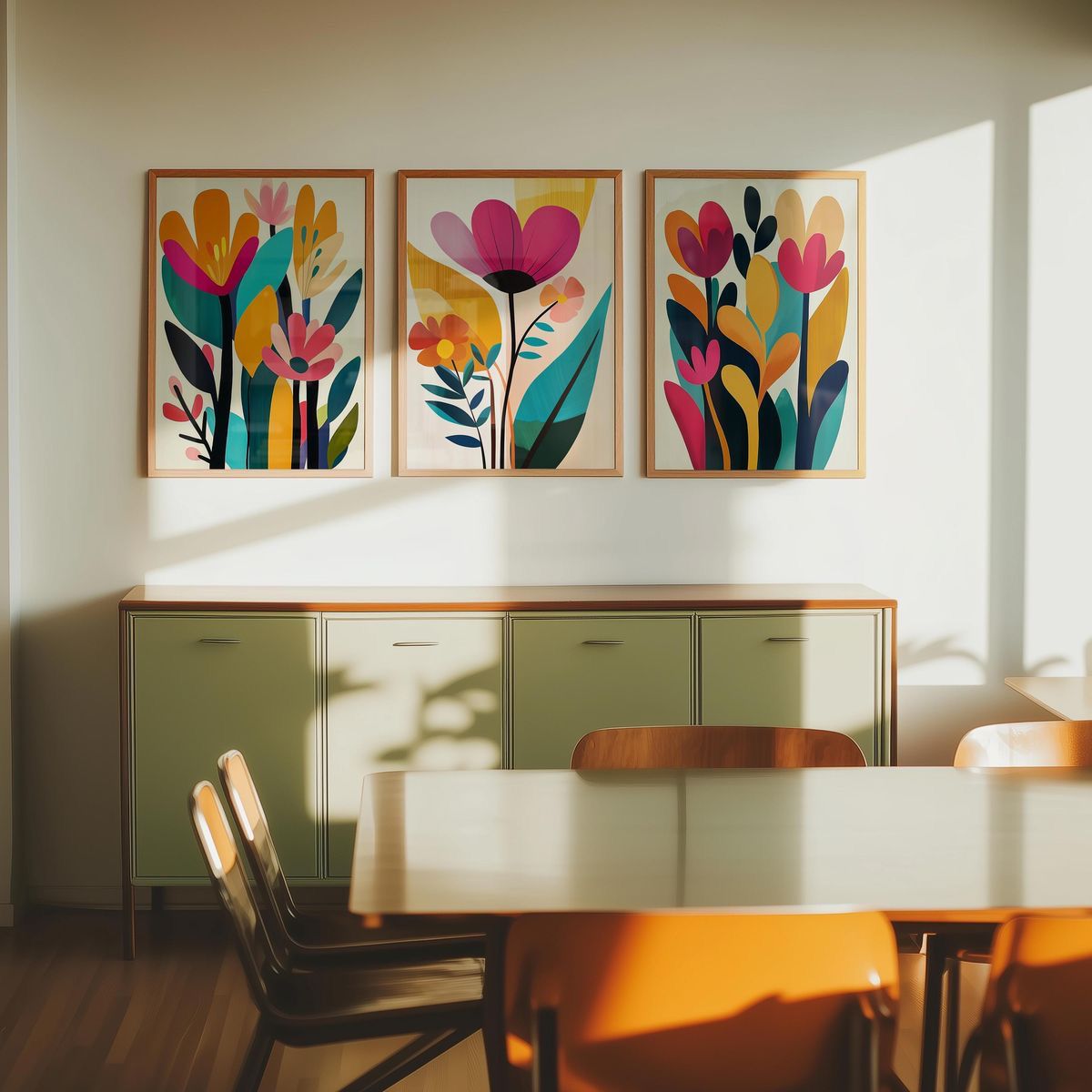 Colorful Abstract Floral Wall Frame Set of 3 - Framed Botanical Floral Wall Art for Living Room Decor Pakistan - 13x18 A3 White