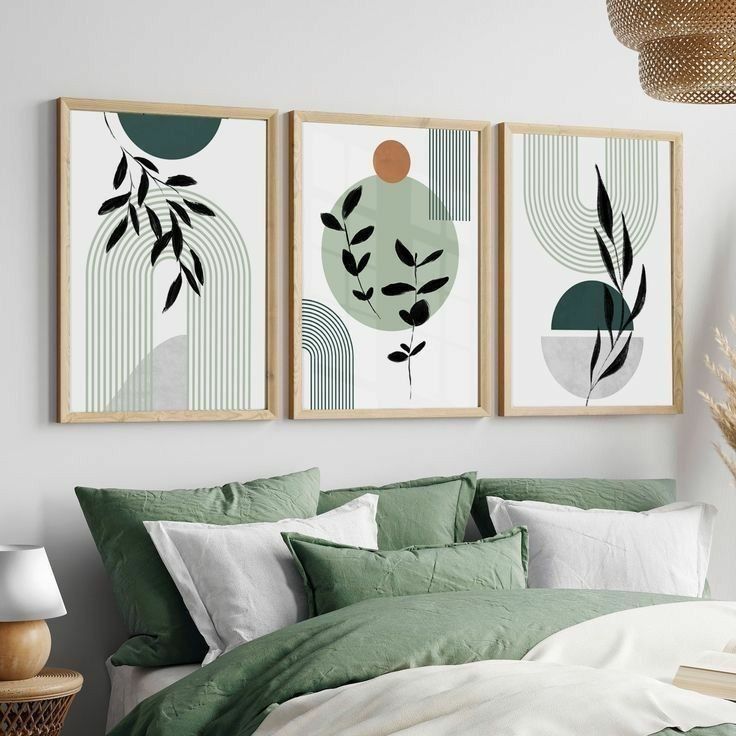 Modern Green Botanical Wall Frame Set of 3 - Modern Abstract Framed Wall Art Decor Pakistan - 13x18 A3 White