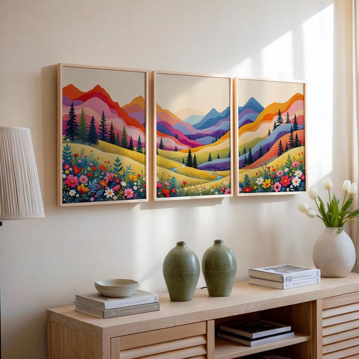 Colorful Mountain Landscape Wall Frame Set of 3 - Framed Botanical Floral Wall Art for Living Room Decor Pakistan - 13x18 A3 White