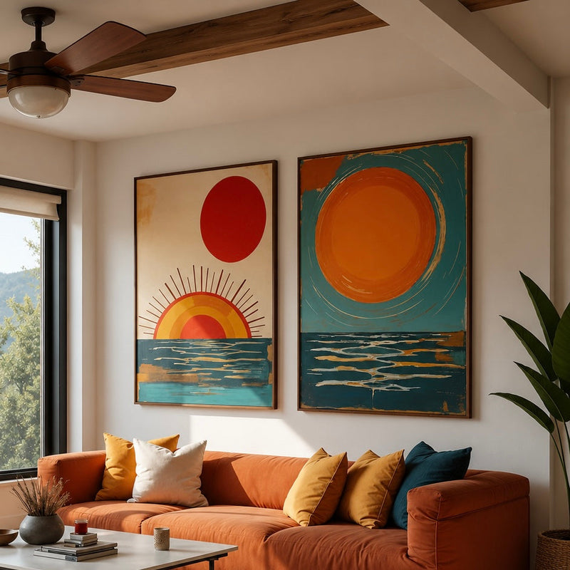 Mid-Century Modern Sunset Wall Art Set of 2 - Modern Abstract Framed Wall Art Decor Pakistan - 18x24 A2+ White