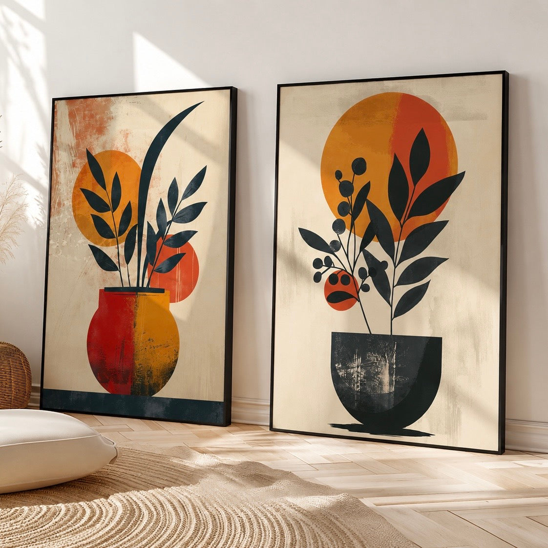 Mid-Century Modern Wall Art Set of 2 - Modern Abstract Framed Wall Art Decor Pakistan - 18x24 A2+ White