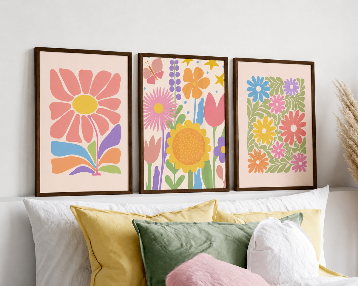 Floral Wall Art Set of 3 - Design 19 - Framed Botanical Floral Wall Art for Living Room Decor Pakistan - 13x18 A3 White
