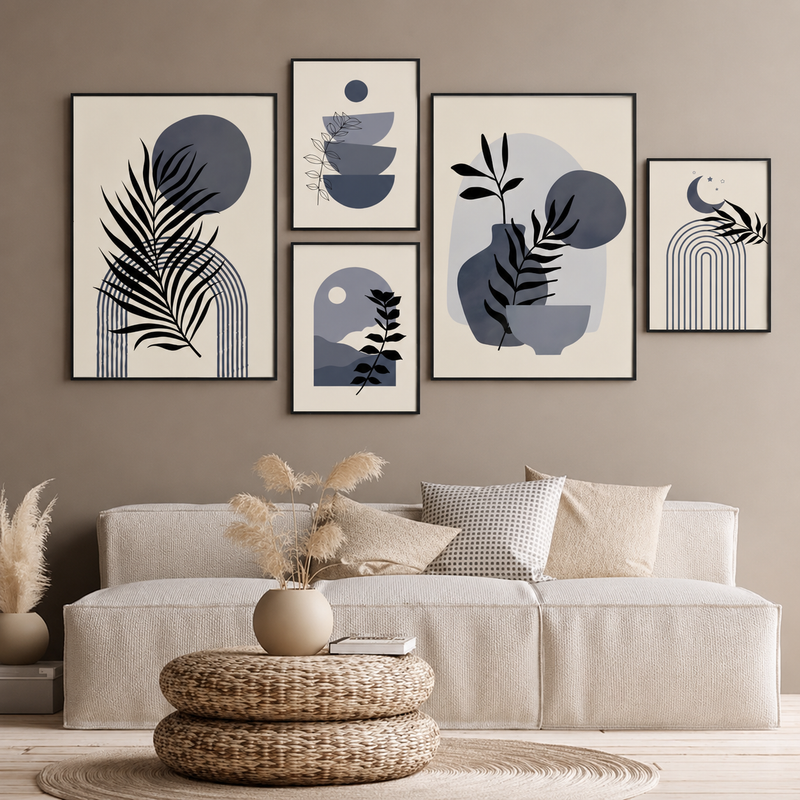 Contemporary Abstract Wall Art Set of 5 - Design 09 - Modern Abstract Framed Wall Art Decor Pakistan - Medium size (2 frames 13x18 & 3 frames 9x13) White