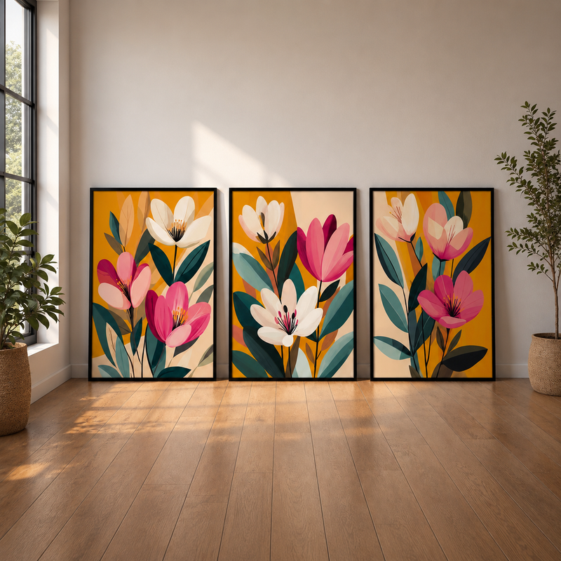 Floral Wall Art Set of 3 - Design 03 - Framed Botanical Floral Wall Art for Living Room Decor Pakistan - 13x18 A3 White