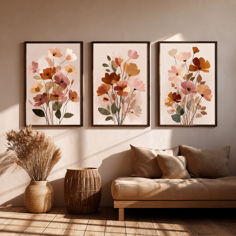 Floral Wall Art Set of 3 - Design 15 - Framed Botanical Floral Wall Art for Living Room Decor Pakistan - 13x18 A3 White
