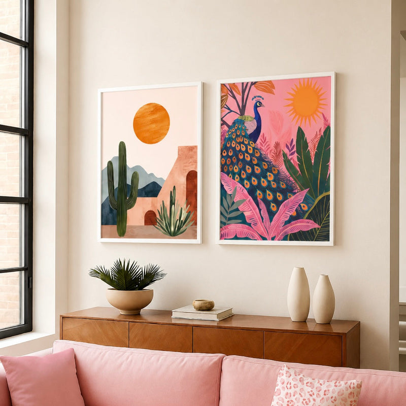 Modern Wall Art Set of 2 - Design 02 - Framed Botanical Floral Wall Art for Living Room Decor Pakistan - 18x24 A2+ White