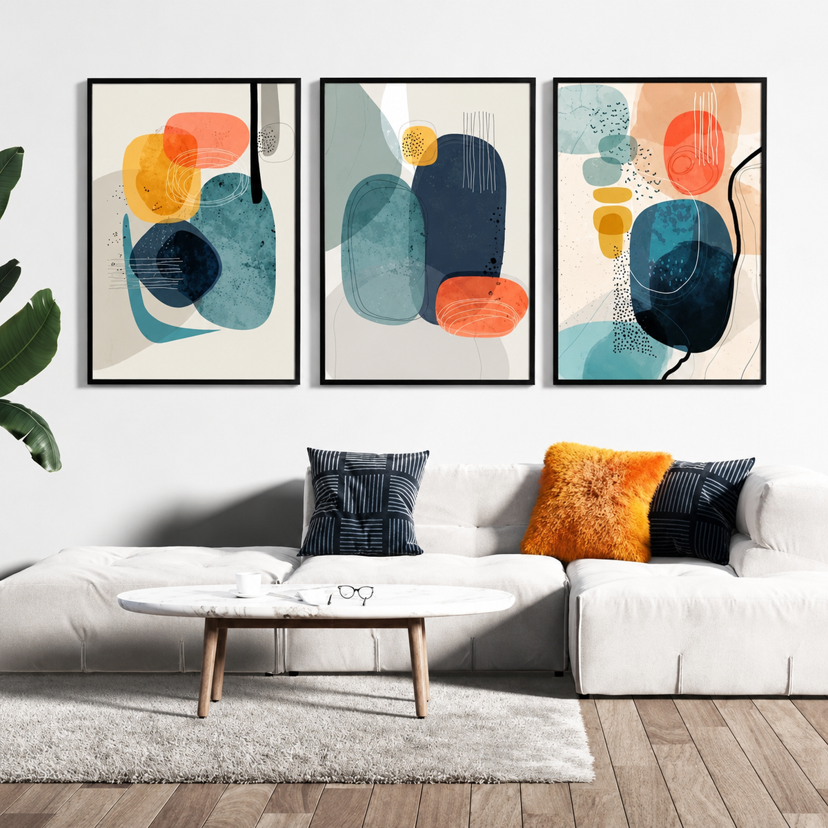 Modern Abstract Digital Printed Wall Art Set of 3 - Design 12 - Modern Abstract Framed Wall Art Decor Pakistan - 13x18 A3 White