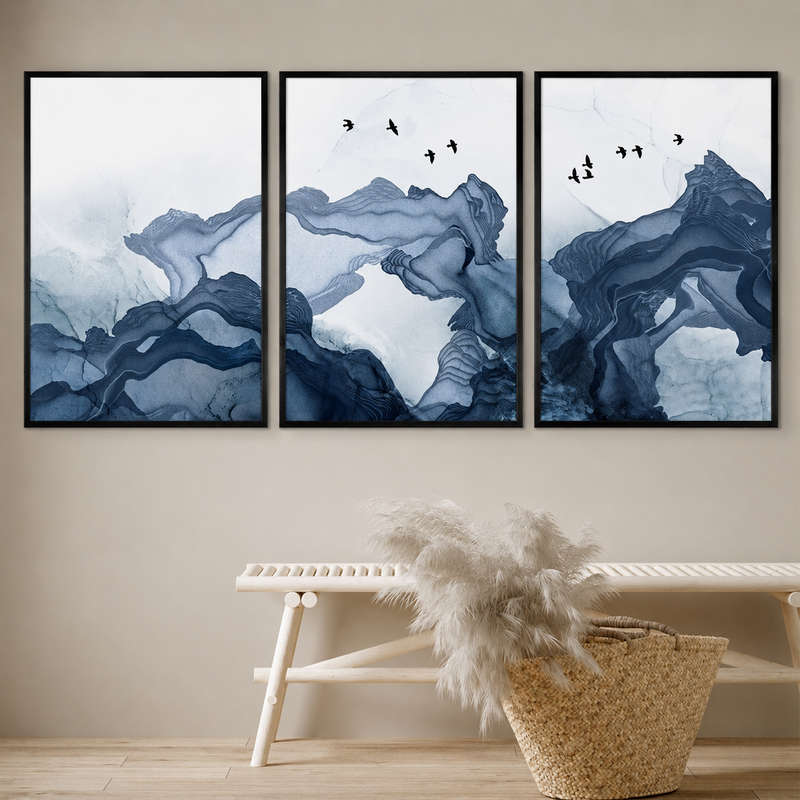 Modern Abstract Digital Printed Wall Art Set of 3 - Design 09 - Modern Abstract Framed Wall Art Decor Pakistan - 13x18 A3 White
