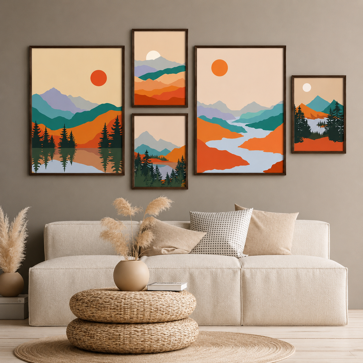 Contemporary Abstract Wall Art Set of 5 - Design 08 - Modern Abstract Framed Wall Art Decor Pakistan - Medium size (2 frames 13x18 & 3 frames 9x13) White