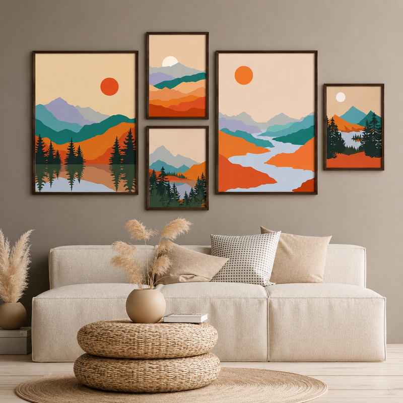 Contemporary Abstract Wall Art Set of 5 - Design 08 - Modern Abstract Framed Wall Art Decor Pakistan - Medium size (2 frames 13x18 & 3 frames 9x13) White