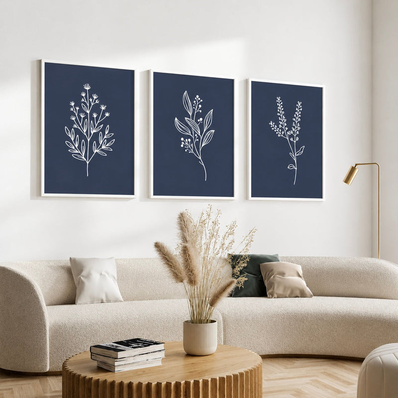 Floral Wall Art Set of 3 - Design 07 - Framed Botanical Floral Wall Art for Living Room Decor Pakistan - 13x18 A3 White