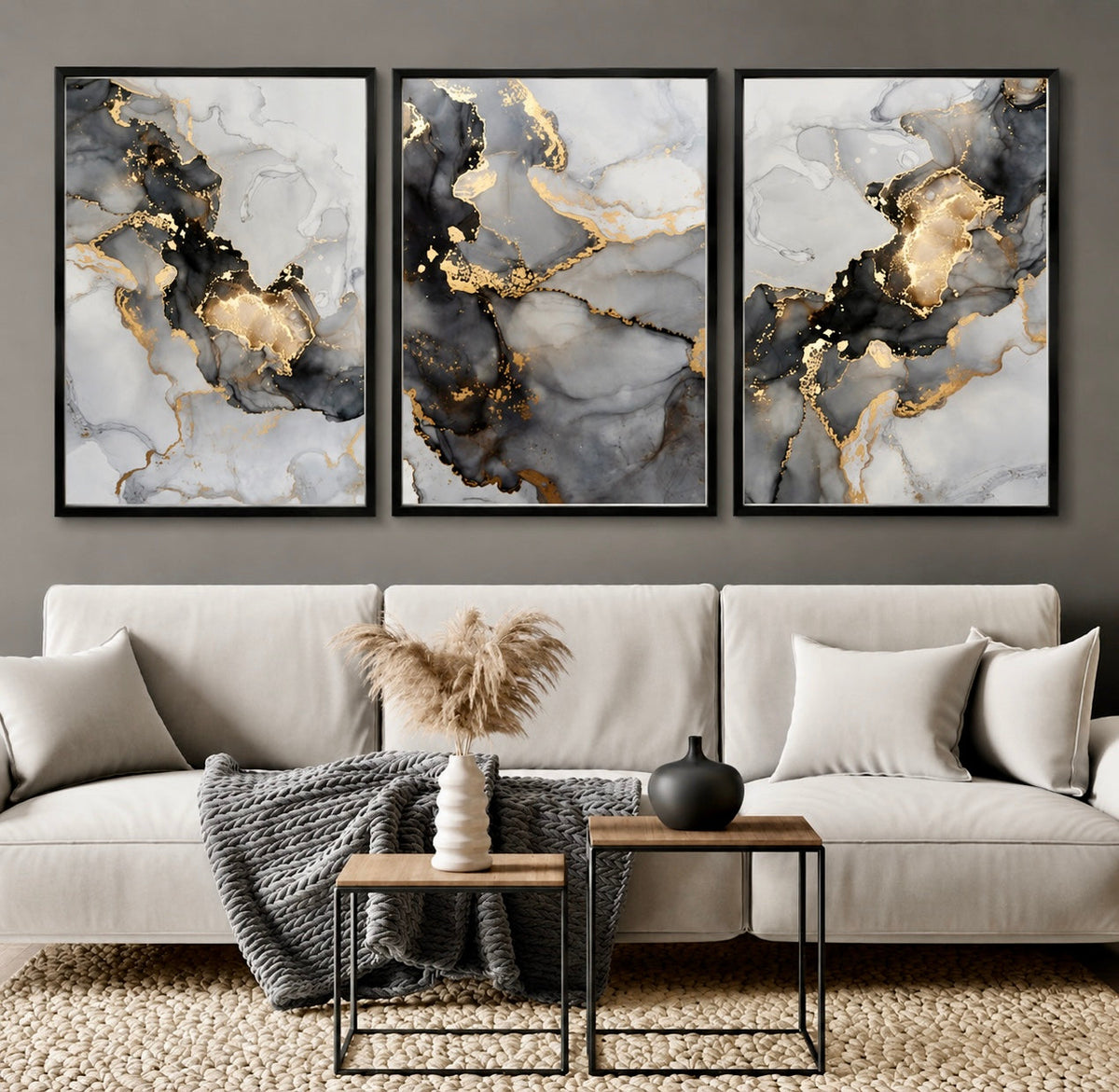 Modern Abstract Digital Printed Wall Art Set of 3 - Design 01 - Modern Abstract Framed Wall Art Decor Pakistan - 13x18 A3 White