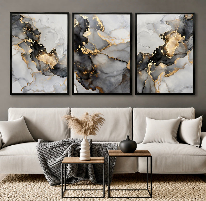 Modern Abstract Digital Printed Wall Art Set of 3 - Design 01 - Modern Abstract Framed Wall Art Decor Pakistan - 13x18 A3 White