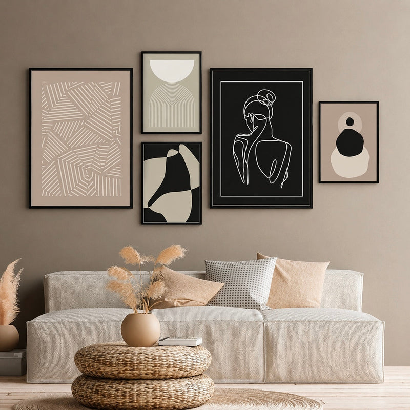 Contemporary Abstract Wall Art Set of 5 - Design 10 - Modern Abstract Framed Wall Art Decor Pakistan - Medium size (2 frames 13x18 & 3 frames 9x13) White
