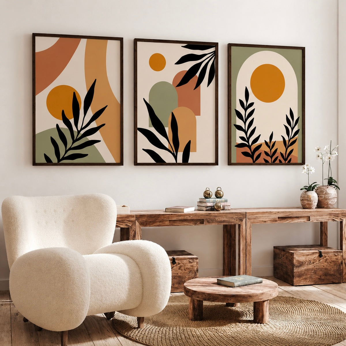 Floral Wall Art Set of 3 - Design 06 - Framed Botanical Floral Wall Art for Living Room Decor Pakistan - 13x18 A3 White